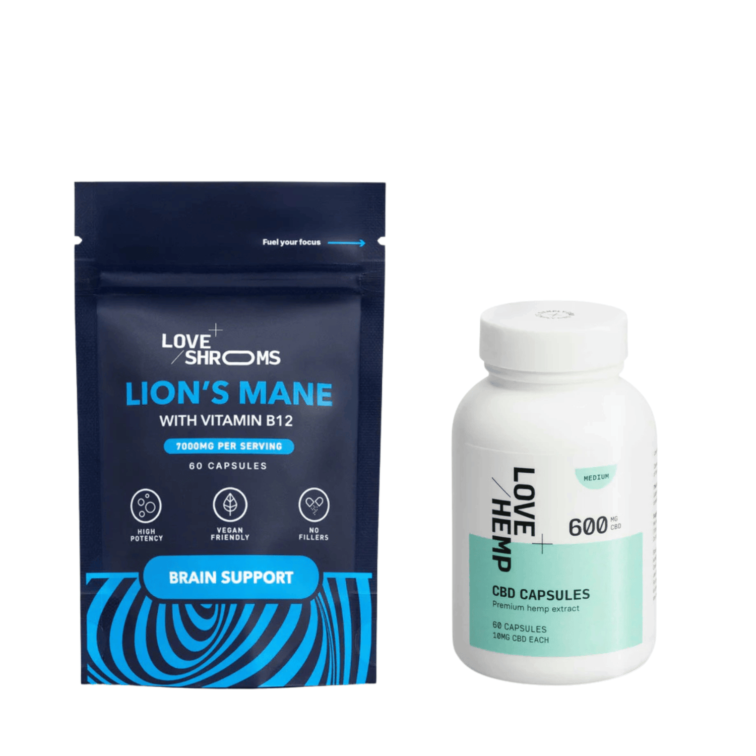 Love Shrooms Lions Mane Capsules &amp; CBD Capsules 600mg