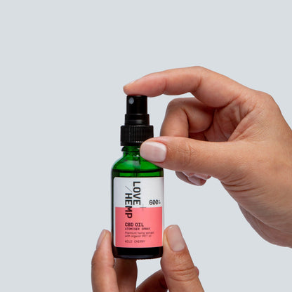 hand holding CBD Oil Atomiser Spray 600mg wild cherry